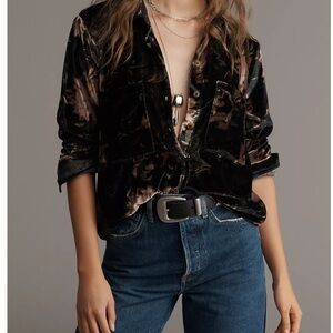 Pilcro by Anthropologie Velvet Button-Up Shirt - Black and Brown S